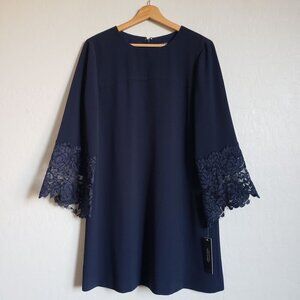 Tahari Lace Bell Sleeve Shift Dress Navy Blue Round Neck Sz Womens 6P Petite NEW
